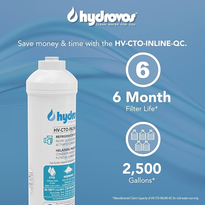HYDROVOS Inline Water Filter for Refrigerator, Ice Maker, Reverse Osmosis System, 1/4" Quick Connect, 10" Carbon Water Filter Reduces Chlorine Taste & Odor for Drinking Water, Filtered Ice, Bulk Pack
