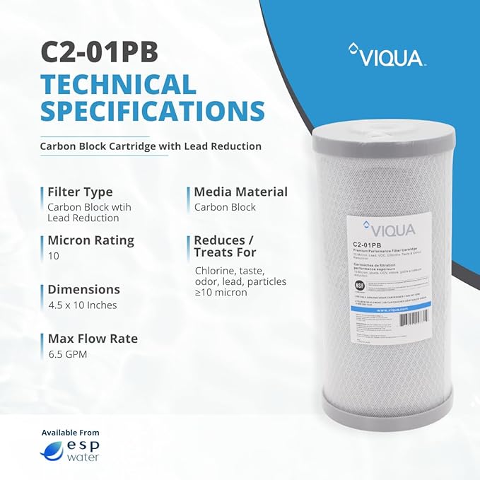 Viqua C2-01PB Carbon Block Water Filter with Lead Reduction - 10 Micron Cartridge Reduces Lead, Chlorine, Taste, Odor, Replacement Filter for AWP40B-V, AWP40C-V, AWP50B-V, FB1-1.5PF, 4.5 x 10-Inches
