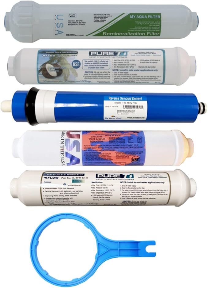 Annual 5-Filter Set for 5-stage Remineralization Countertop RO Systems, including Sediment, Second Stage, 100 GPD RO membrane, post T-33 type filter, and 4in1 Re-mineralization inline filter