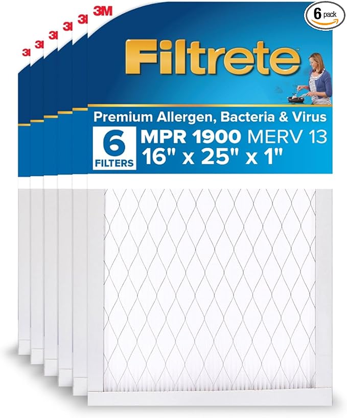 Filtrete 16x25x1 AC Furnace Air Filter, MERV 13, MPR 1900, Premium Allergen, Bacteria & Virus Filter, 3-Month Pleated 1-Inch Electrostatic Air Cleaning Filter, 6-Pack (Actual Size 15.69x24.69x0.78 in)