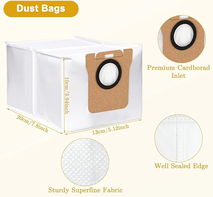 26 PCS Replacement Parts for Dreame L20 Ultra/ L20 Ultra Complete, L30 Ultra/ L30 Ultra Complete Vacuum Cleaner 1 Main Brush 6 Dust Bags 6 Mop Pads 6 HEPA Filters 6 Side Brushes 1 Cleaning Brush