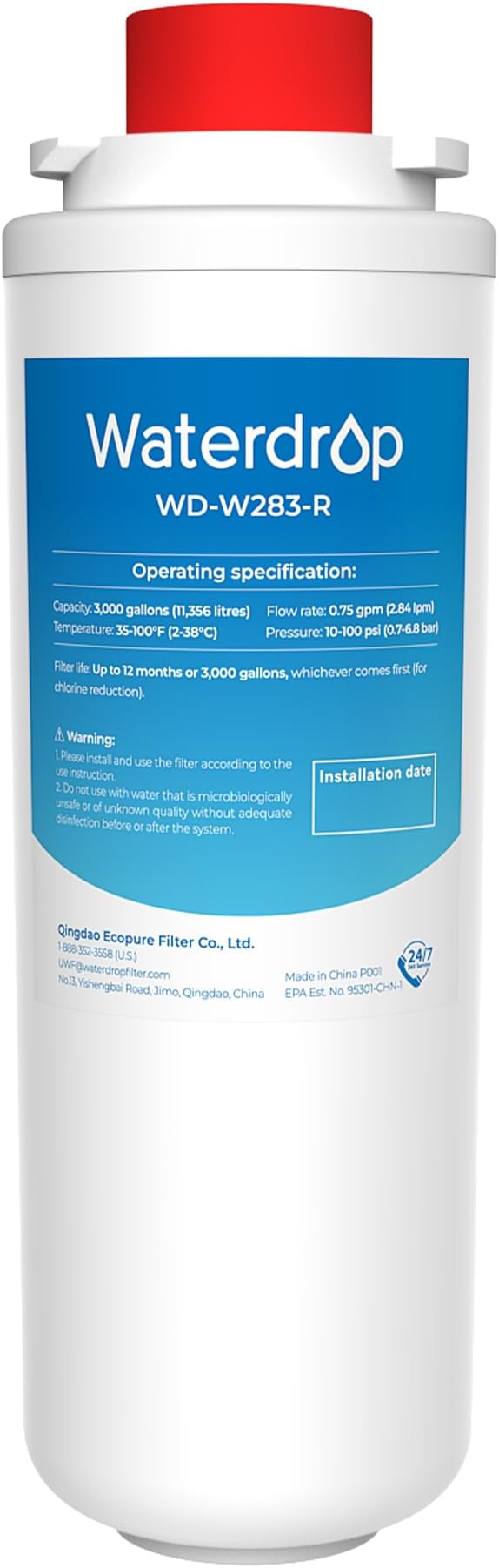 [With Chip] Waterdrop W283-R Replacement for Elkay® 51300C, WaterSentry 51300C, Elkay® EZH2O® and Halsey Taylor® Bottle Filling Stations, NSF/ANSI 42 Certified, 1 Pack