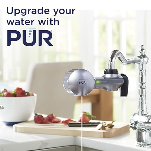 PUR Plus Horizontal Faucet Mount Filtration System with 3-in-1 Lead Reducing Filter, Water Filter for Sink, Lasts 100 Gallons, Compatible with Sinks with External Aerators, Metallic Grey