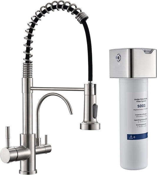 GIMILI 3 in 1 Kitchen Faucet with Pull Down Sprayer Brushed Nickel Two Handle Kitchen Sink Faucet with Under Sink Water Filter System Reduces PFAS, PFOA/PFOS, Lead, Chlorine, Bad Taste & Odor