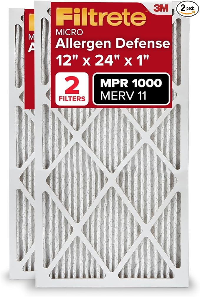 Filtrete 12x24x1 AC Furnace Air Filter, MERV 11, MPR 1000, Micro Allergen Defense, 3-Month Pleated 1-Inch Electrostatic Air Cleaning Filter, 2 Pack (Actual Size 11.719 x 23.72 x 0.85 in)