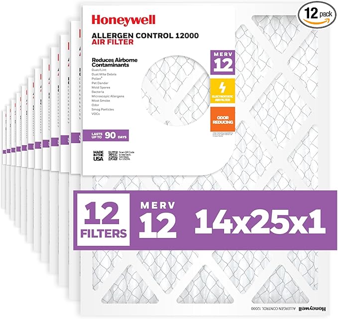 Honeywell 14x25x1 MERV 12 Electrostatic Pleated HVAC AC Furnace Air Filter (12-Pack) | Replacement Filter for Home Use | Made in USA