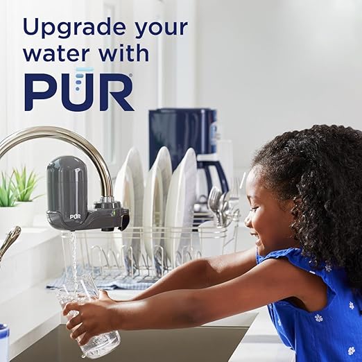 PUR Plus Vertical Faucet-Mount Water Filtration System, Lead-Reducing Filter, Easy Installation, 100-Gallon Capacity, Compatible with External Aerators, Grey