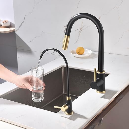 Apaix Drinking Water Faucet Black and Gold, Kitchen Water Purifier Faucet for Non-Air Gap Reverse Osmosis Water Filtration System, Matte Black and Brushed Gold Reverse Osmosis Faucet