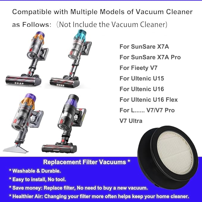 6packs X7A Vacuums HEPA Replacements Filter Compatible with SunSare X7A Pro Cordless Vacuum Cleaner, Fits for Fieety V7 Filters for Ultenic U15 U16 / U16 Flex Cordless Stick Vacuum Filter Parts