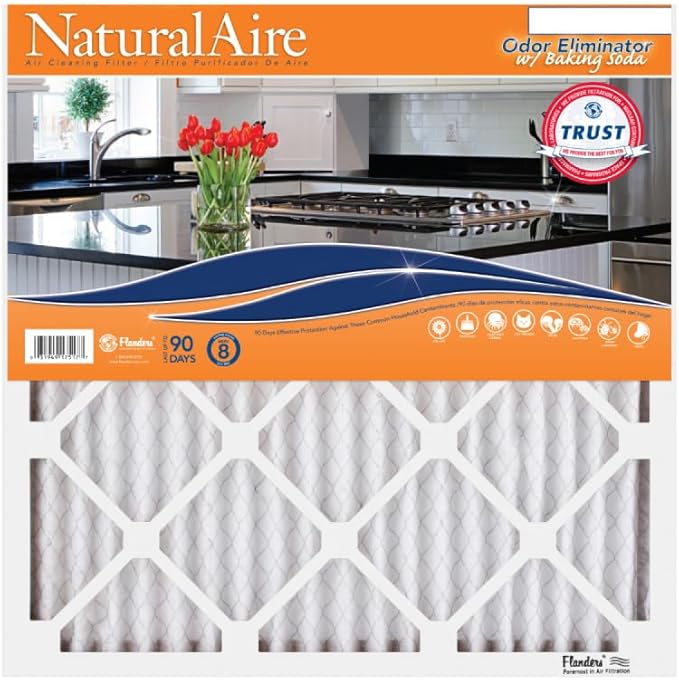 NaturalAire 16x25x1 Pleated Air Filter - Odor Eliminator with Baking Soda, 4-Pack of MERV 8. Controls Household Odors and Traps Harmful Airborne Particles, Lasting Up To 90 Days. 84857.011625