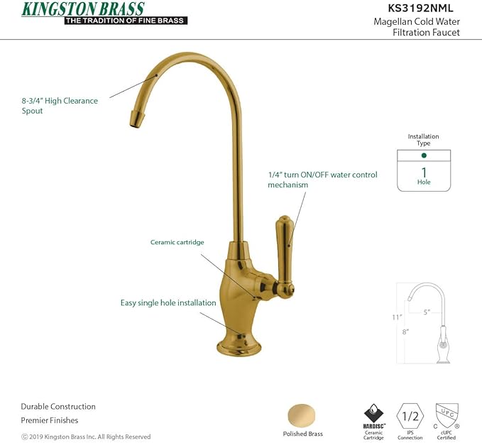 Kingston Brass KS3192NML Magellan Single Handle Water Filtration Faucet, Polished Brass