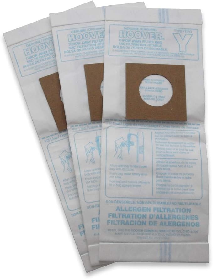 Hoover Vacuum Cleaner Bags for Upright Vacs, Pack of 3, Multicolor, Type Y Allergen Filtration, Part # 4010100Y, Hoover Vacuum Bags Refill
