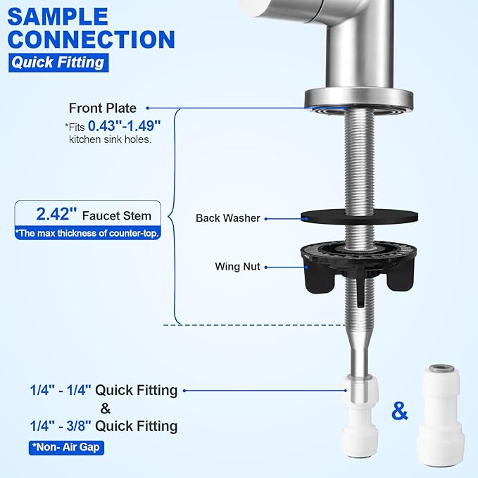 Drinking Water Faucet - Long Thread Stem Filtered Water Tap for Thick Countertop,Lead-Free RO Faucet with Hose and Push Connect Fittings(Brushed Stainless)