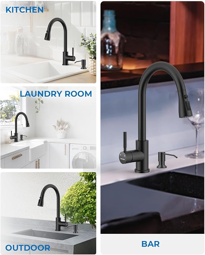 WEWE Kitchen Faucet with Pull Down Sprayer and Soap Dispenser, Matte Black High Arc Single Handle Stainless Steel Sink Faucet, Suitable for Farmhouse, RV & Laundry