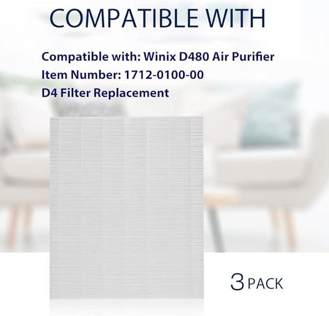 D480 Replacement Filter D4 Compatible with Winix D480 Air Cleaner Purifier Ture HEPA Only, Item Number 1712-0100-00, D4 Filter 3 Pack
