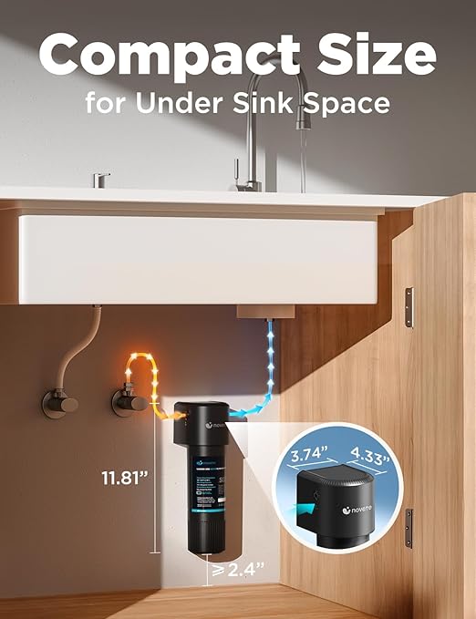 NOVETE Under Sink Water Filter, Upgraded 30K Gallons, NSF/ANSI 42 & 372 Certified, Reduces 99.5% Chlorine, Lead, PFOA/PFOS, Bad Taste, Direct Connect to Kitchen Faucet, USA Tech, UWF1A-PC-1, Black