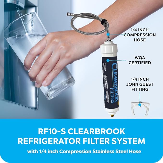 Clearbrook RF10-S Refrigerator Filter System, Inline Filtration, 1/4 inch Compression Stainless Steel Hose, Compatible with Refrigerators and Ice Machines