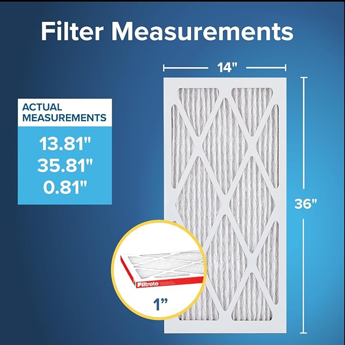 Filtrete 14x36x1 AC Furnace Air Filter, MERV 11, MPR 1000, Micro Allergen Defense, 3-Month Pleated 1-Inch Electrostatic Air Cleaning Filter, 6 Pack (Actual Size 13.81x35.1x0.81 in)