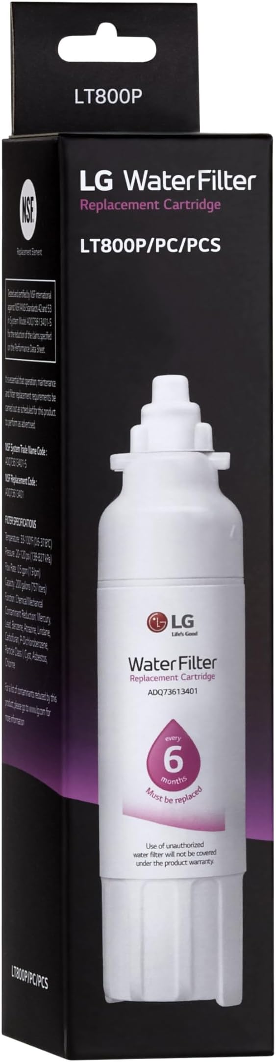 LG LT800P- 6 Month / 200 Gallon Capacity Replacement Refrigerator Water Filter (NSF42 and NSF53) ADQ73613401, ADQ73613408, or ADQ75795104, White
