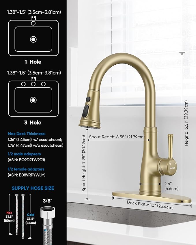 WEWE Vintage Kitchen Faucet with Pull Down Sprayer, Stainless Steel 1 or 3 Hole High Arc Single Handle Antique Sink Faucet for Classic Modern Ktichen, Gold Bar & Prep Sinks