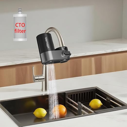 Vortopt Faucet Water Filter for Sink, Mechanical Switch Button,350 Gallon Water Purifier for Sink, NSF Certified to Reduces Chlorine and Bad Taste with One Replacement, T5-Black.