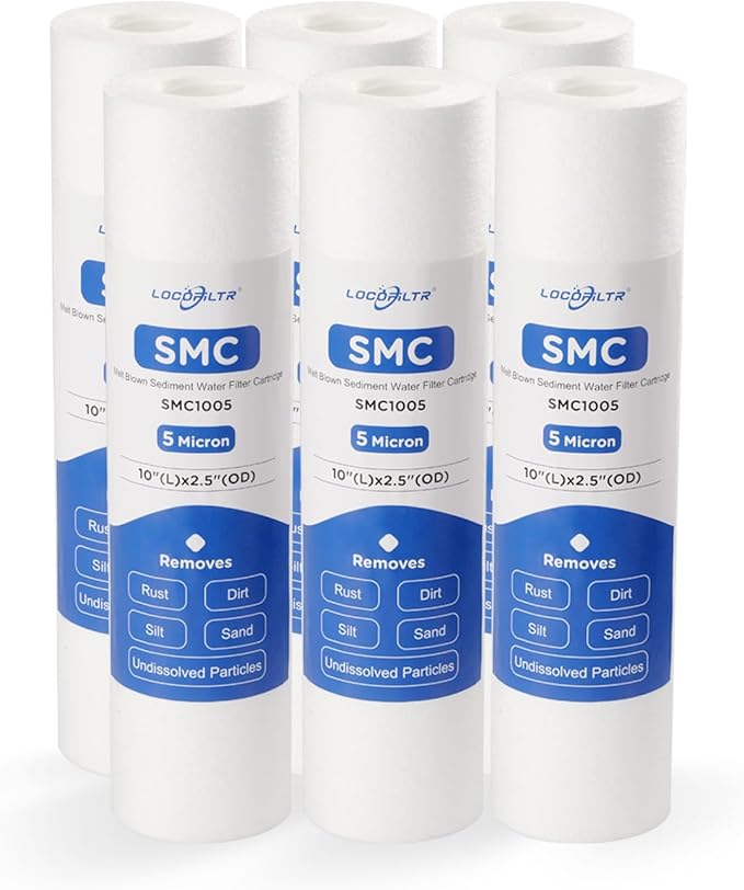 Whole House 5 Micron 10" x 2.5" Spun Polypropylene Sediment Well Water Filter Cartridge Replacement for P5, WH-S200-C, HF-360A, P5A, P5-10, SDC-25-1005, WHKF-GD05, AP110, FI-ES-SED10, FP15 (Pack of 6)