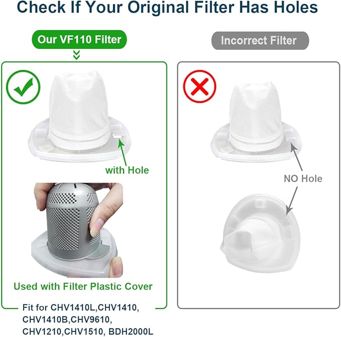6 Pack Replacement Filter Compatible with Black & Decker VF110 Dustbuster Cordless Handheld Vacuum CHV1410L CHV9610 CHV1210 CHV1510 CHV1410 CHV1410B BDH2000L, 90558113-01
