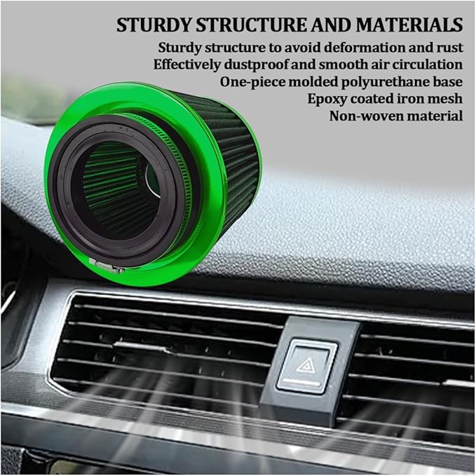 Car Clamp-On Air Intake Filter, 3 In 3.5 In 4 In Round Tapered Vehicle Cone Air Filters, High-Performance ＆ Washable Auto Replacement Intake Filtering Accessories, Universal Fit (Green)