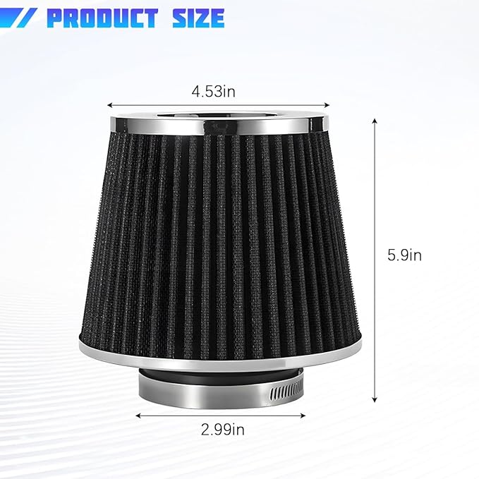 Clamp-On Car Air Intake Filter, 3 In/3.5 In/4 In Three Different Size High-Flow Washable Vehicle Air Cone Filter Cleaner, Round Tapered Auto Cool Cleaner Replacement, Universal Fit (Black)