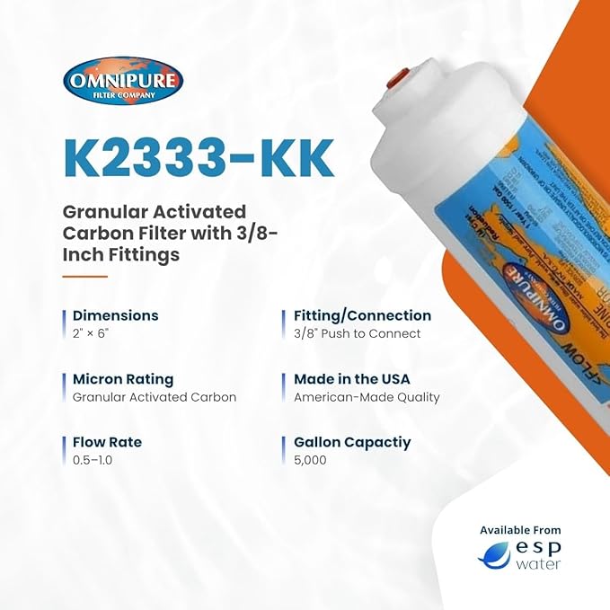 Omnipure K2333 Inline Carbon Water Filter 3/8 Inch Quick Connect GAC T33 2 x 6 Inch Cartridge for RO Systems Ice Makers Under Sink Use K2333-KK