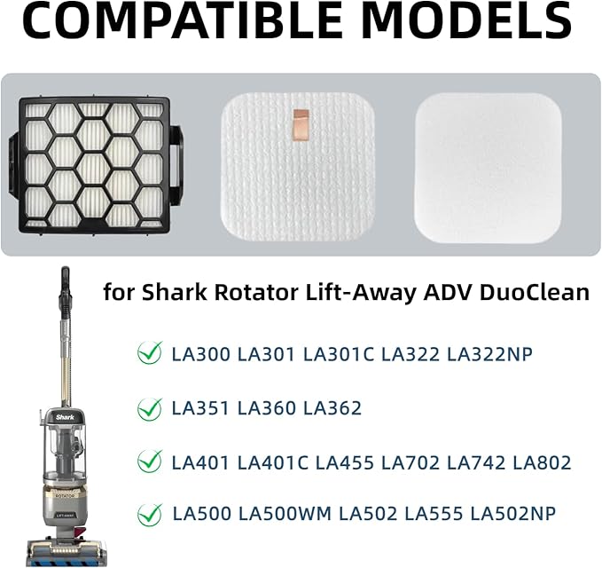 LA300, LA401, LA455 Filter Replacement for Shark LA502, LA500, LA301, LA555, Rotator Navigator Lift-Away ADV DuoClean PowerFins Upright, Washable/Reusable Filters Perfect for Pet Hair, Dirt, Dust