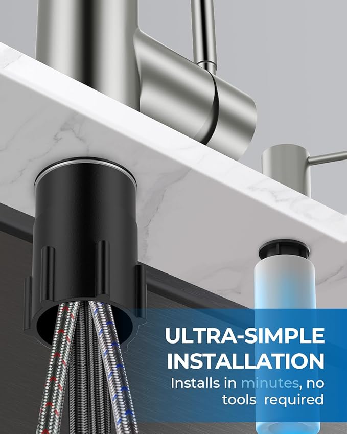 WEWE Kitchen Faucet with Soap Dispenser and Pull Down Sprayer, RV Single Handle Classic 3 Modes Stainless Steel Faucet for Kitchen Sink, RV, Stainless Steel