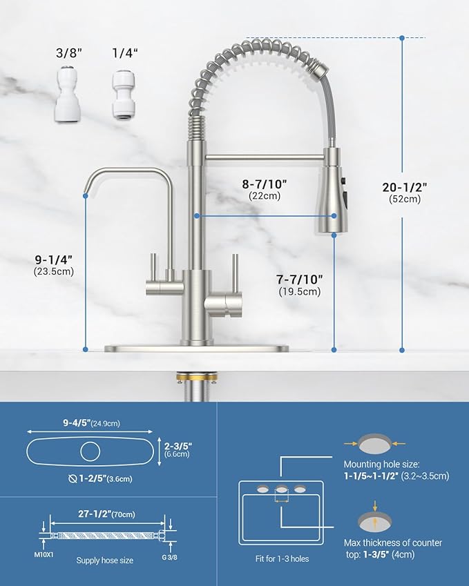 DAYONE Kitchen Faucet with Water Filter and Sprayer, 3 in 1 Pull Down Faucet with Purfied Water Faucet, 20 Inches High Arc Kitchen Water Filter Faucet, Brushed Nickel (Without Filtration Device)