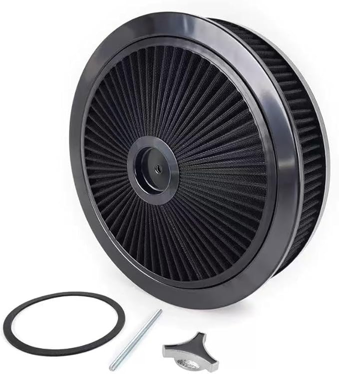 14"x3" Round High Flow Washable Air Cleaner Filter Assembly w/Flow-Thru Lid for Caburetor Compatible with Ford/GMC/Chevy SBC BBC Black