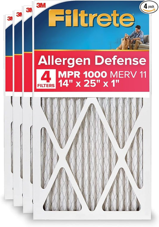 Filtrete 14x25x1 AC Furnace Air Filter, MERV 11, MPR 1000, Micro Allergen Defense, 3-Month Pleated 1-Inch Electrostatic Air Cleaning Filter, 4 Pack (Actual Size 13.81 x 24.81 x 0.81 in)