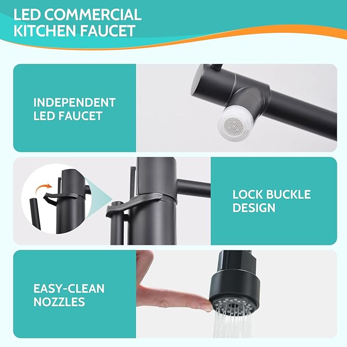 Kicimpro Matte Black LED Kitchen Faucet with Pull Down Sprayer, 304 Stainless Black Faucet for Kitchen Sink, Modern Single Handle High Arc Bar Kitchen Sink Faucet for One Hole Or Three Hole Sink