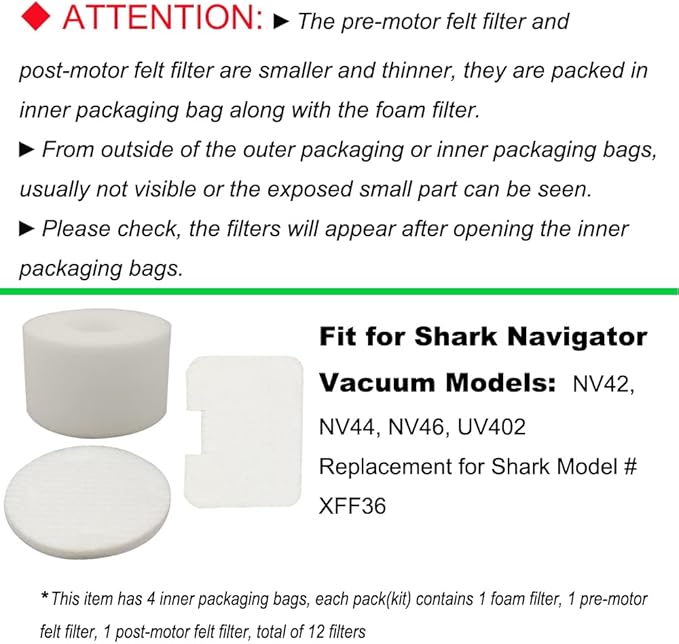 Dttery 4 Pack Filters Kit Replacement for Shark Navigator Deluxe Upright Vacuum NV42, NV44, NV46, UV402 Part # XFF36