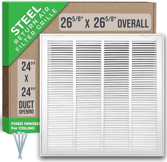 Fits 24x24 Duct Opening | Steel Return Air Filter Grille by Handua [Fixed Hinged] for 1-inch Filters | Vent Cover Grill for Sidewall and Ceiling | White | Outer Dimensions: 26 5/8"W X 26 5/8"H