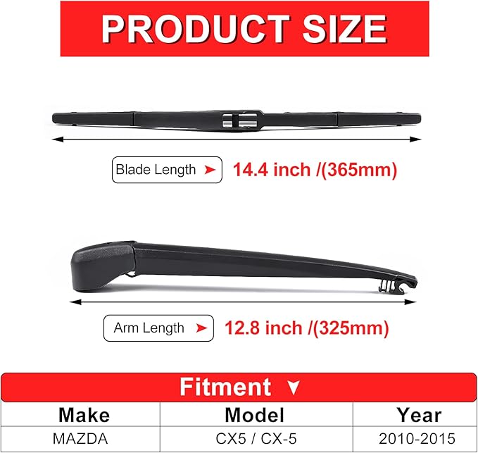 Rear Windshield Wiper Arm Blade Replacement for MAZDA CX5 CX-5 2010-2015 ，HOOJUKE All Season Natural Rubber Back Windshield Wiper Blades OE: EKMZCX5RW