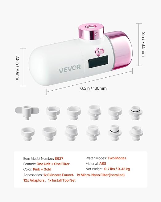VEVOR Skincare Water Filter, Faucet Mount Water Filters with Micro-Nano Bubble for Skin, Sink Tap Purifier, Removes Chlorine with 1 Filter, for Kitchen and Bathroom Faucets, Pink + Gold