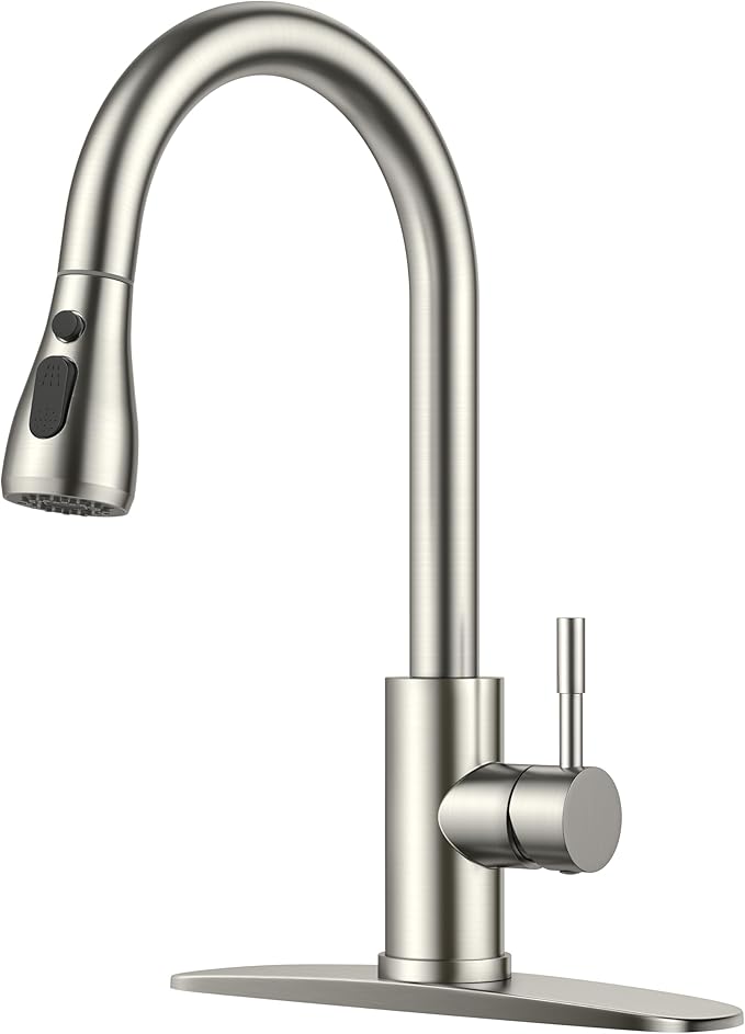 FORIOUS Kitchen Faucets with Pull Down Sprayer, Brushed Nickel High Arc Single Handle Stainless Steel Bar Sink Faucet with Deck Plate for 1 or 3 Hole, Suitable for Farmhouse RV Camper Laundry