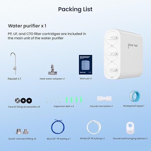 GLACIER FRESH GFU06 0.01μm Ultra Filtration Under Sink Water Filter System, Tankless Ultra Compact Design, with Faucet, No Electricity & Waste Water, Preserve Beneficial Minerals No TDS Reduction