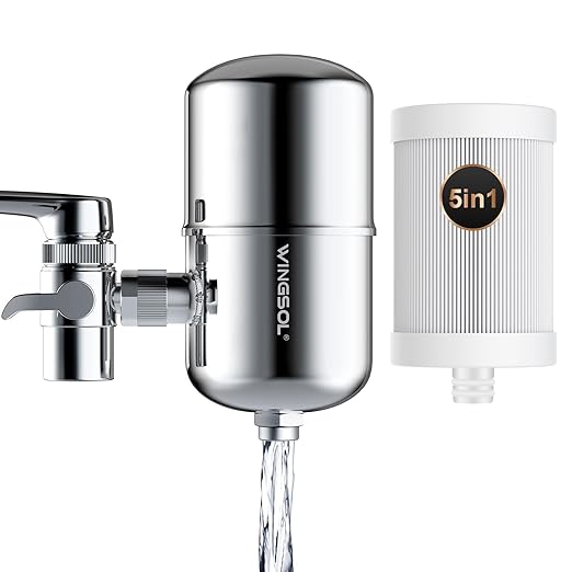 WINGSOL Stainless Steel Water Filter for Sink Faucet, NSF/ANSI 42&53, 360° Rotating Tap Purifier, Reduce Heavy Metals 99.6% Lead, Improve Taste, 220 Gallons Mineral pH+ Water, Reinforced Housing