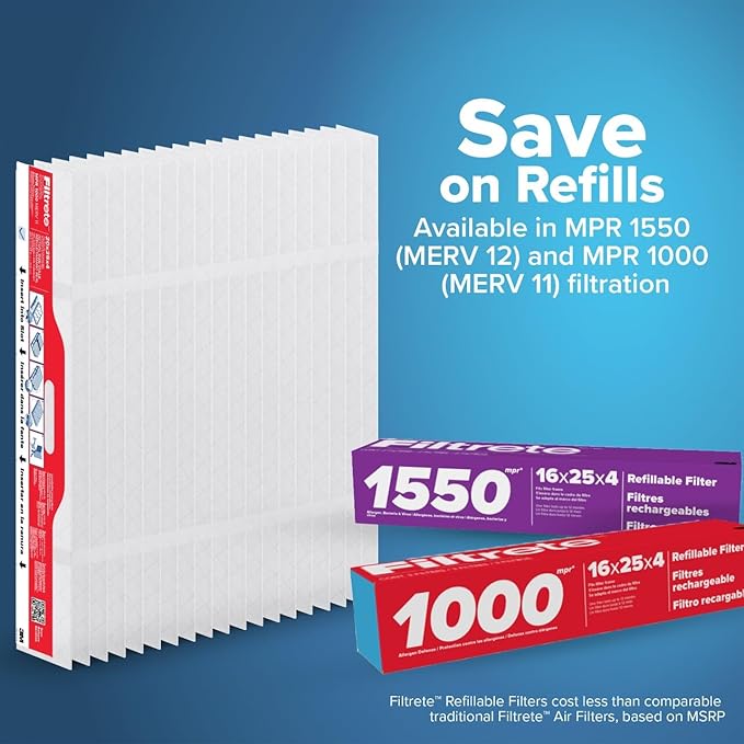 Filtrete 16x25x4 Refillable Air Filter replacement, MPR 1000, MERV 11, Allergen Defense, 2 Pack, use with reusable air filter frame of Filtrete Refillable Air Filter Kit 16x25x4, for HVAC, Furnace, AC