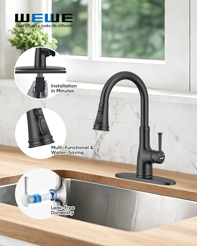 WEWE Vintage Kitchen Faucet with Pull Down Sprayer, Stainless Steel 1 or 3 Hole High Arc Single Handle Antique Sink Faucet for Classic Modern Ktichen, Matte Black Bar & Prep Sinks