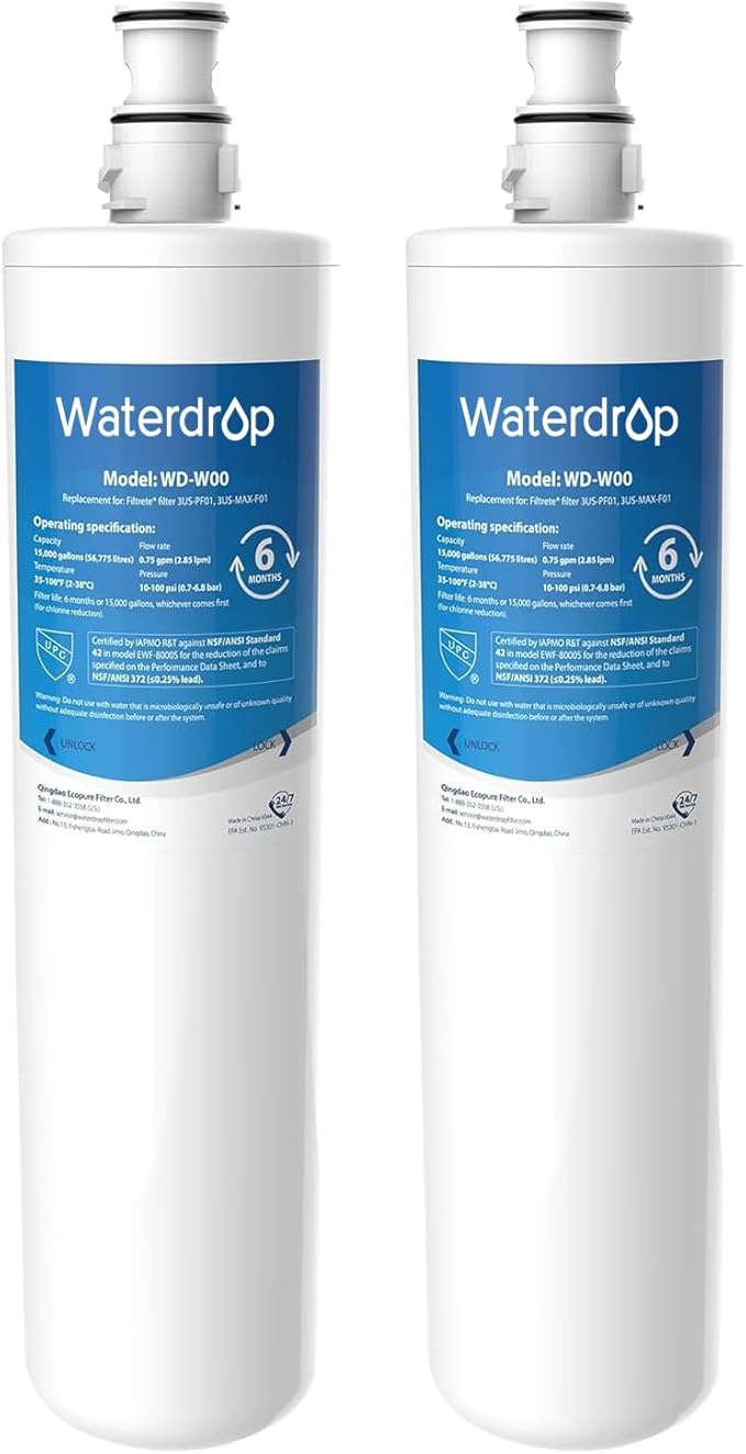 Waterdrop 3US-MAX-F01 Replacement Filter, Replacement for Filtrete® 3US-PF01, 3US-PS01, Maximum 3US-MAX-S01, Aqua-Pure C-Cyst-FF, Manitowoc K-00337, K-00338, NSF/ANSI 42 Certified, Pack of 2
