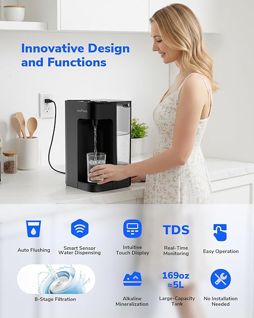 Mate 3 Reverse Osmosis Water Filter Countertop, 3:1 Pure to Drain, 44oz Smart Autofill Pitcher, No Installation Water Purifier, 8 Stage RO Water Filtration, with Remineralization, Black