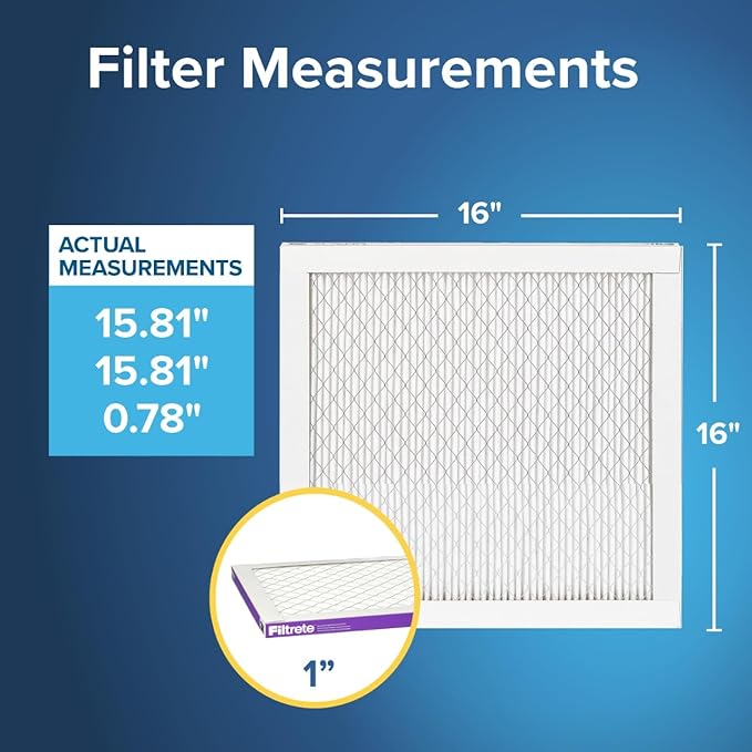 Filtrete 16x16x1 AC Furnace Air Filter, MERV 12, MPR 1500, CERTIFIED asthma & allergy friendly, 3 Month Pleated 1-Inch Electrostatic Air Cleaning Filter, 6-Pack (Actual Size 15.81x15.81x0.78 in)