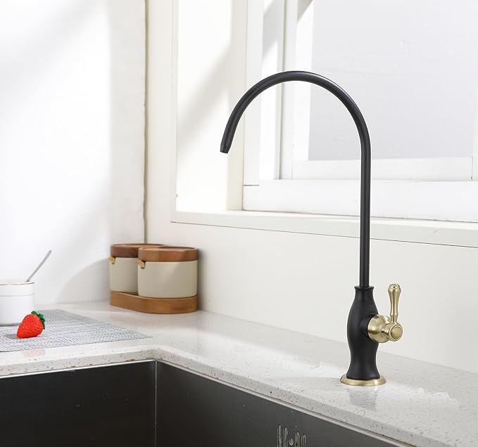 Delle Rosa Drinking Water Faucet, Stainless Steel Kitchen Water Filter Faucet, Commercial Water Filtration Faucet for Under Sink Water Filter System Black& Gold,Non-Air Gap