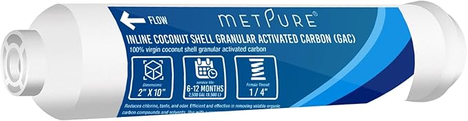 Metpure In line Water Filter for IceMaker, Refrigerator, Water Filtration System, Coffee Maker 2" x 10" x 1/4" OD FIP Female Thread GAC Coconut Shell Granular Activated Carbon Post Filter